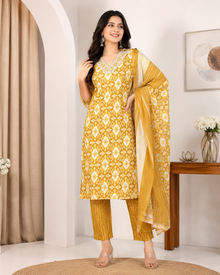 LADIES KURTI SET CODE-A195 He and She Women's Printed Kurti Pant Set with Dupatta | V-Neck Ethnic Wear | 3-Piece Kurta Set