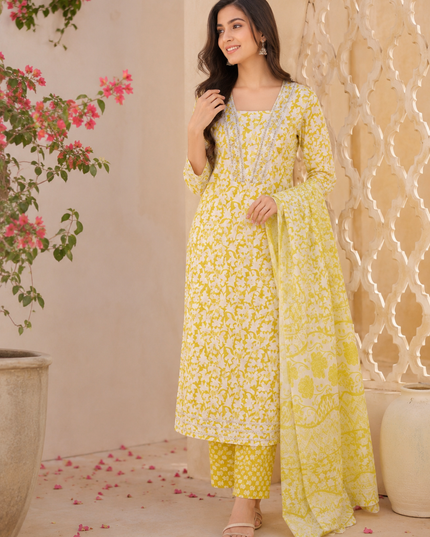 LADIES KURTI SET CODE-A196 He And She Women's Printed Cotton Kurti Set with Straight Pajama & Dupatta | Ethnic 3-Piece Suit Set