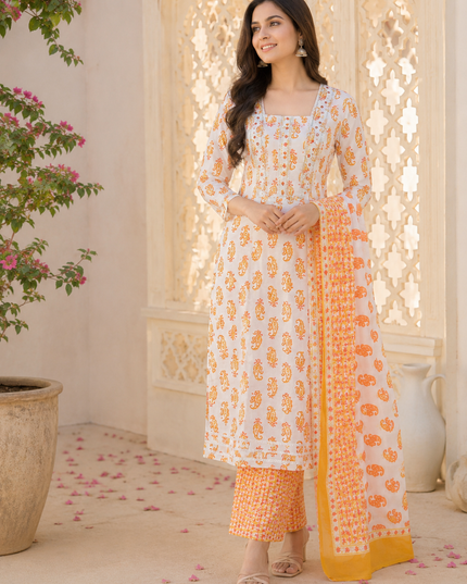 LADIES KURTI SET CODE-A196 He And She Women's Printed Cotton Kurti Set with Straight Pajama & Dupatta | Ethnic 3-Piece Suit Set