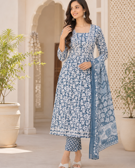 LADIES KURTI SET CODE-A196 He And She Women's Printed Cotton Kurti Set with Straight Pajama & Dupatta | Ethnic 3-Piece Suit Set
