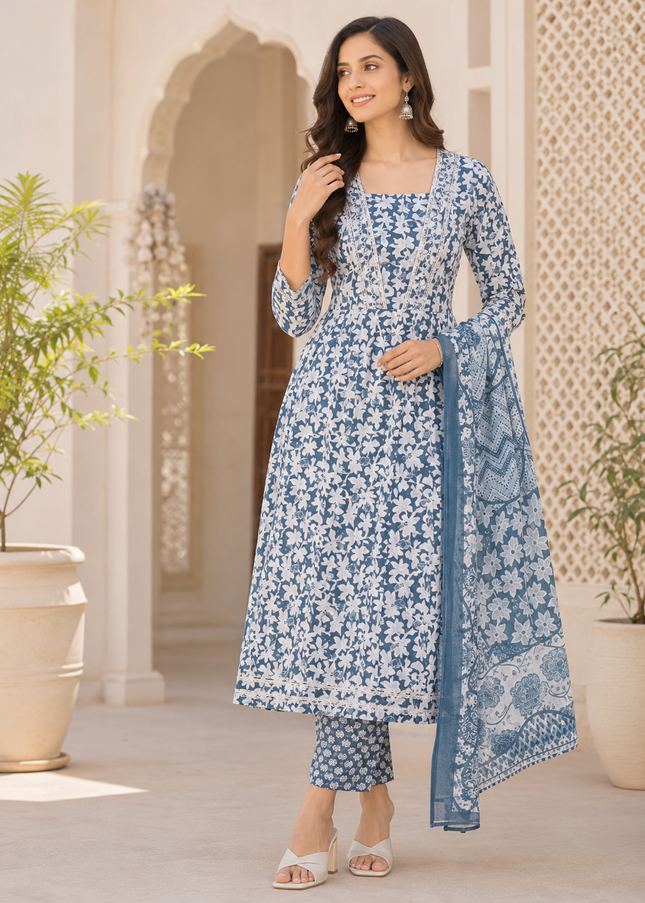 LADIES KURTI SET CODE-A196 He And She Women's Printed Cotton Kurti Set with Straight Pajama & Dupatta | Ethnic 3-Piece Suit Set