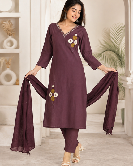 LADIES KURTI SET CODE-A210 He and She Women's Plum Embroidered Kurta Pant Set with Dupatta | Straight Fit Ethnic Wear