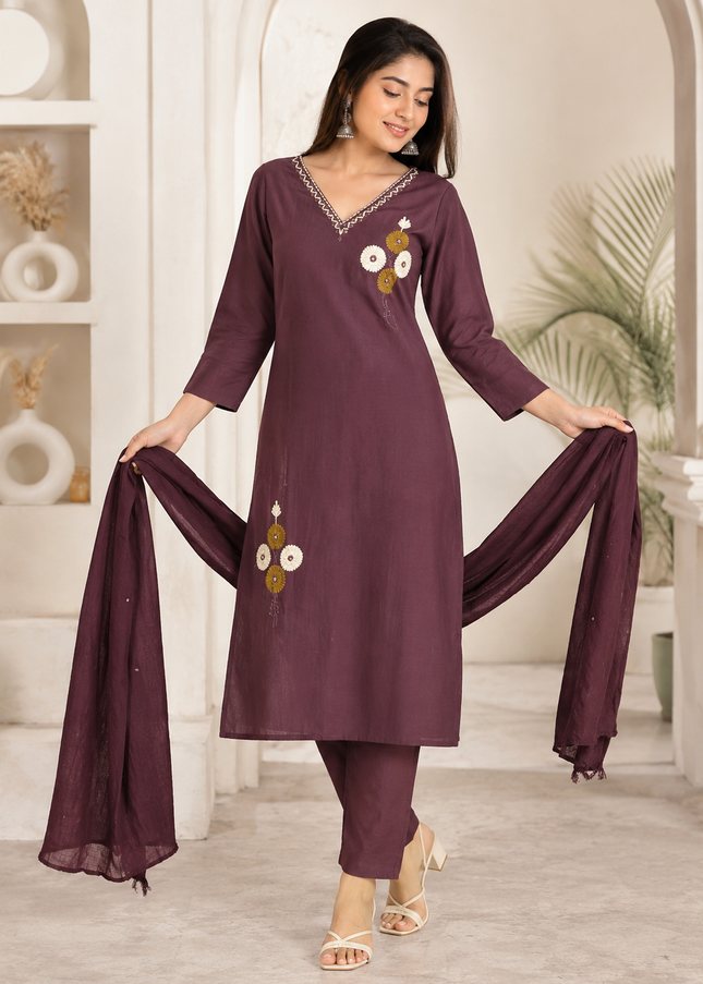 LADIES KURTI SET CODE-A210 He and She Women's Plum Embroidered Kurta Pant Set with Dupatta | Straight Fit Ethnic Wear