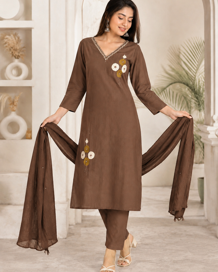 LADIES KURTI SET CODE-A210 He and She Women's Plum Embroidered Kurta Pant Set with Dupatta | Straight Fit Ethnic Wear