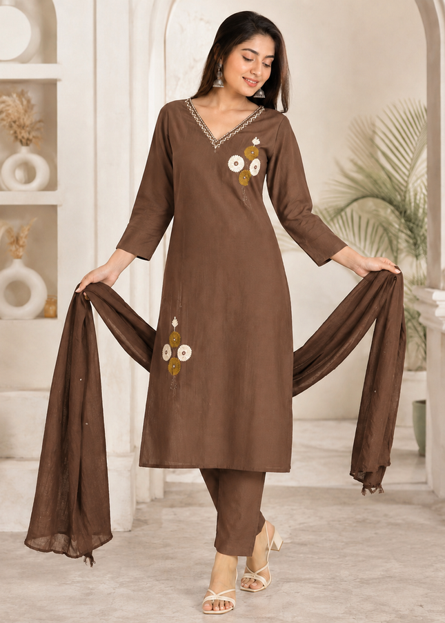 LADIES KURTI SET CODE-A210 He and She Women's Plum Embroidered Kurta Pant Set with Dupatta | Straight Fit Ethnic Wear