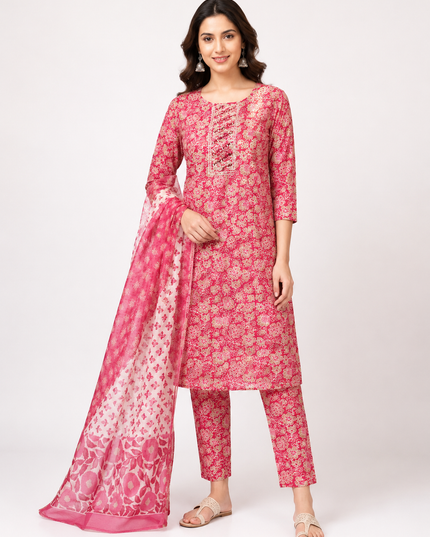 LADIES KURTI SET CODE-A109 Women's Printed Cotton Blend Kurta Set with Straight Pants & Dupatta | Tomato & Onion
