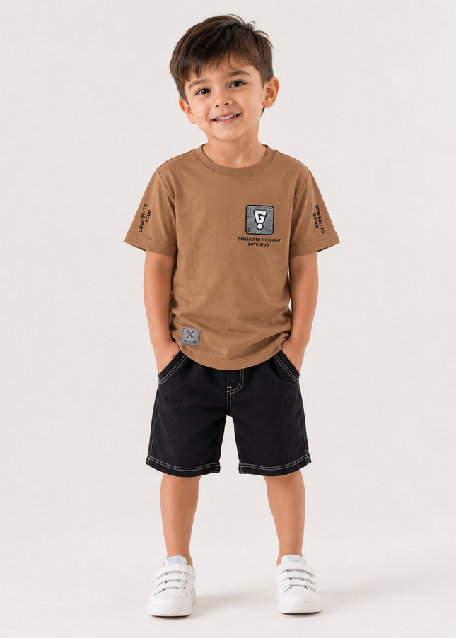 BOYS TSHIRT CODE-A127 Boys Graphic Printed Cotton Half Sleeve T-Shirt | Green & Beige | Casual Summer Wear (2-7 Years)