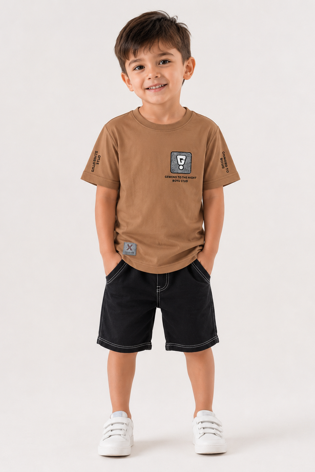 BOYS TSHIRT CODE-A127 Boys Graphic Printed Cotton Half Sleeve T-Shirt | Green & Beige | Casual Summer Wear (2-7 Years)
