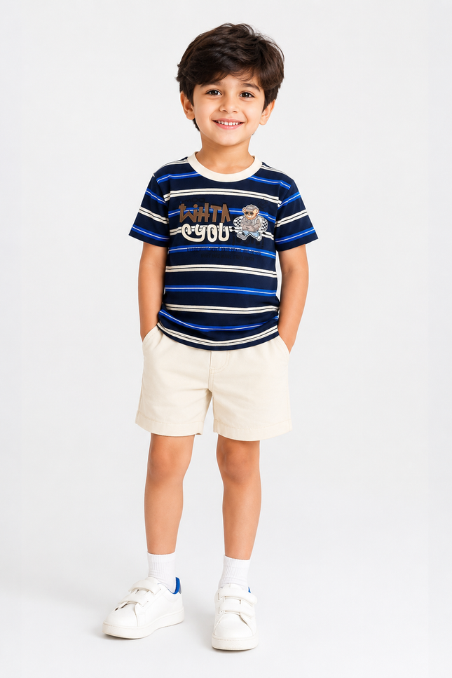 BOYS TSHIRT CODE-A129 Boys Navy Blue Striped Cotton Half Sleeve T-Shirt | Casual Printed Tee for Kids
