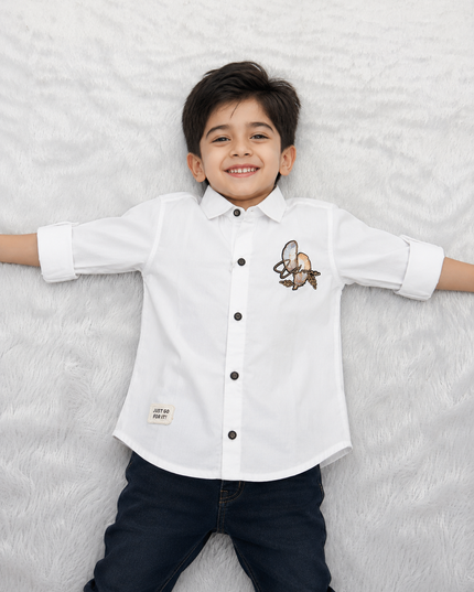 BOYS SHIRTS  CODE-B78 Boys Premium Embroidered Full Sleeve Casual Shirt | White, Black & Dark Green | He and She