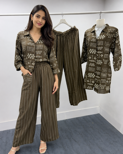 LADIES KURTI CODE-A54 He and She Women's Printed Co-Ord Set | Shirt Style Top & Wide Leg Palazzo | Coffee & Orange