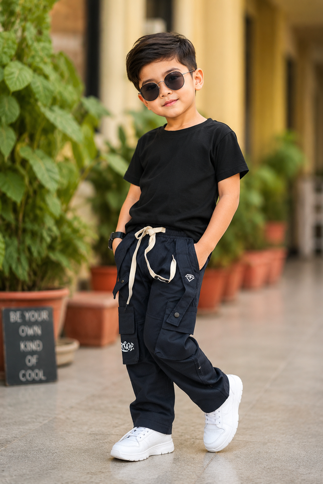 BOYS JEANS CODE-A95He and She Boys Premium Cargo Pants | Stylish Cotton Cargo Trousers for Kids | Navy Blue & Beige