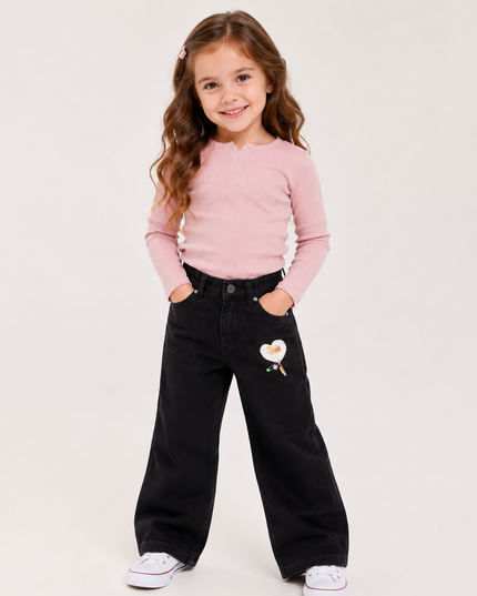 GIRLS JEANS CODE-A99 Girls Wide Leg Denim Jeans with Heart Patch | Kids Casual Fashion Pants | He and She