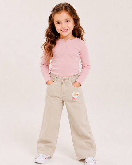 GIRLS JEANS CODE-A99 Girls Wide Leg Denim Jeans with Heart Patch | Kids Casual Fashion Pants | He and She