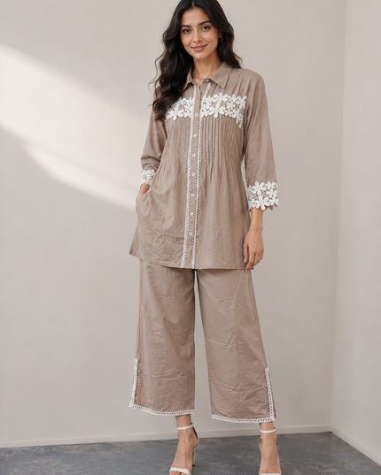 LADIES COTS CODE- A51 He & She Women's Embroidered Co-Ord Set | Premium Shirt & Palazzo Set | Beige & Sky Blue