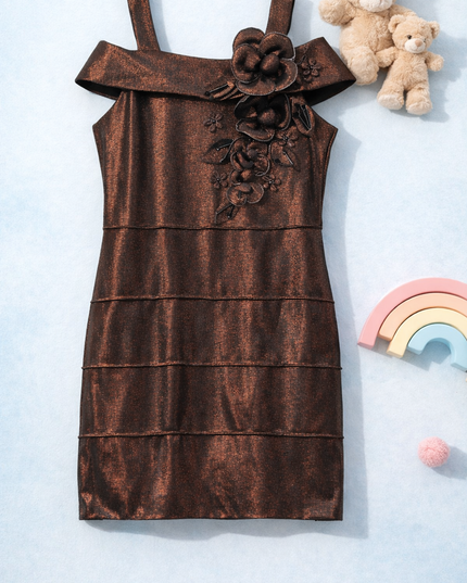 Girls Metallic Floral Off Shoulder Dress | Kids Party Wear Shimmer Dress