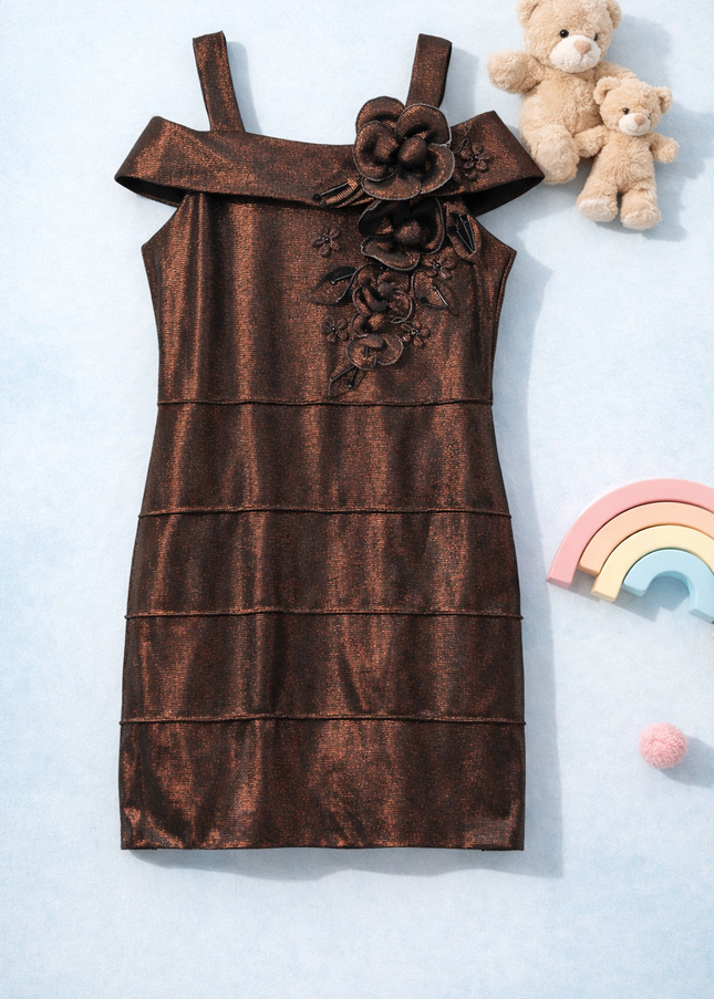 Girls Metallic Floral Off Shoulder Dress | Kids Party Wear Shimmer Dress