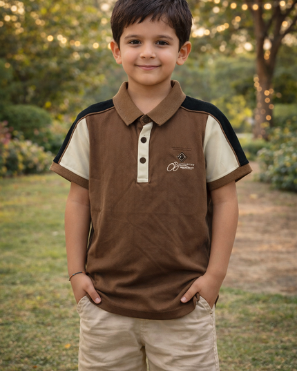 Boys Brown Colorblock Polo T-Shirt with Collar | Casual Kids Wear | He and She