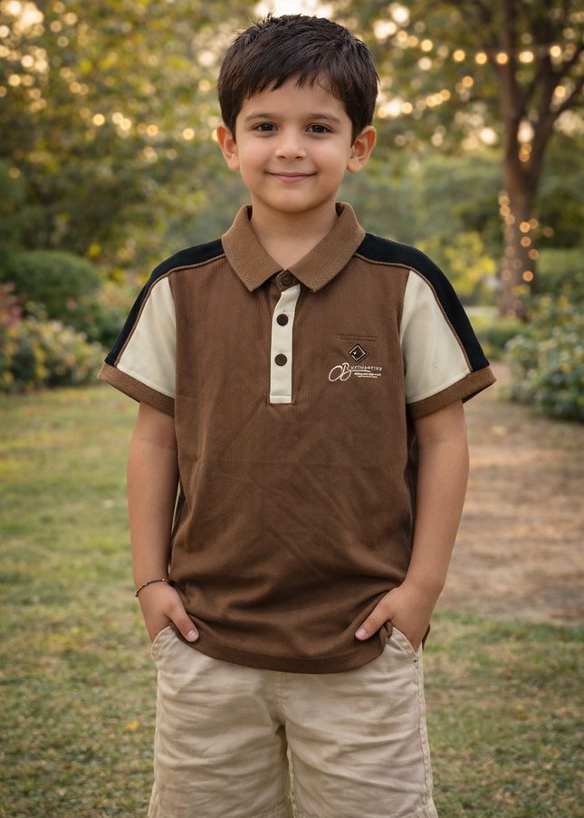 Boys Brown Colorblock Polo T-Shirt with Collar | Casual Kids Wear | He and She