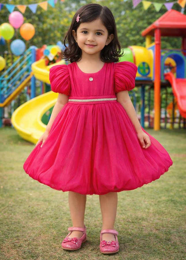 He and She Girls Pink Party Dress | Puff Sleeve Designer Dress for Kids