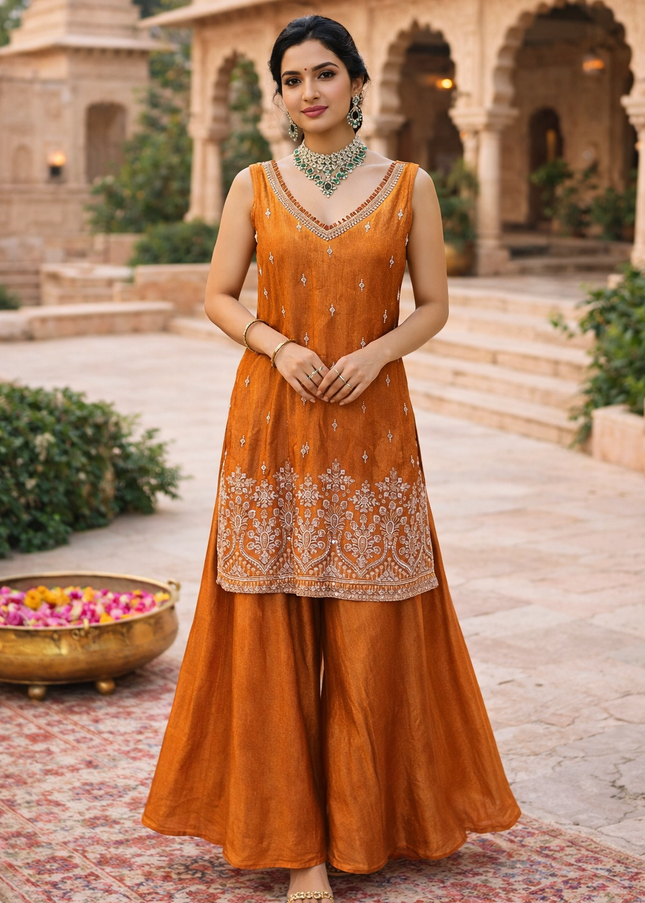 He & She Women Rust Orange Embroidered Kurti Palazzo Set – Festive & Party Wear (2 Piece)