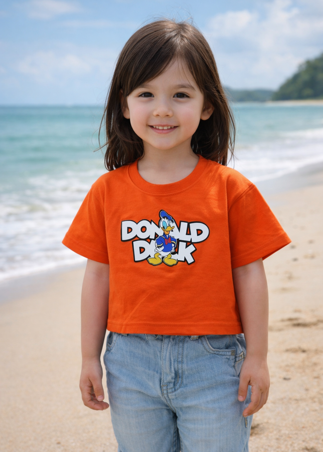 He & She Kids Orange Cartoon Printed Cotton T-Shirt with Back Print – Stylish Summer Wear