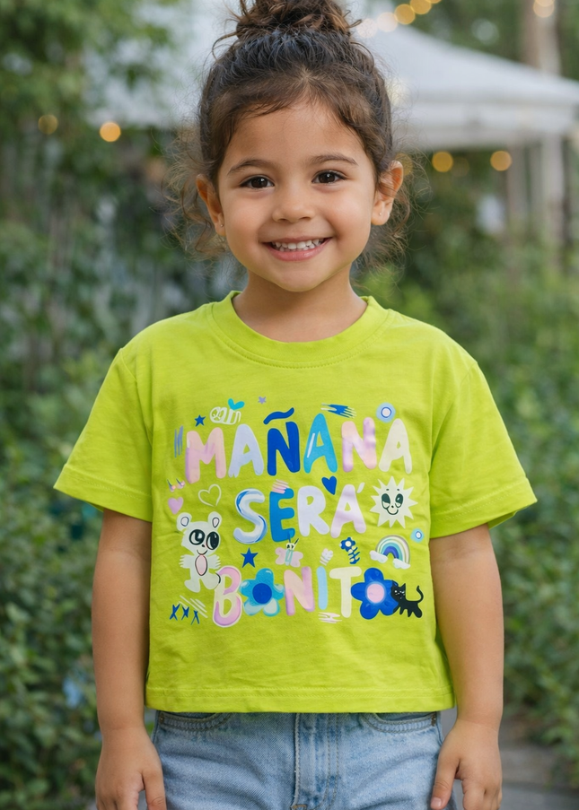 Girls Bright Green Graphic Printed Cotton T-Shirt – “Mañana Será Bonito” | He and She Kidswear