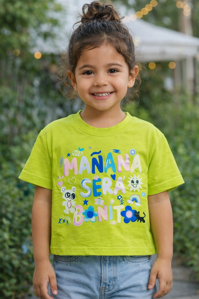 Girls Bright Green Graphic Printed Cotton T-Shirt – “Mañana Será Bonito” | He and She Kidswear