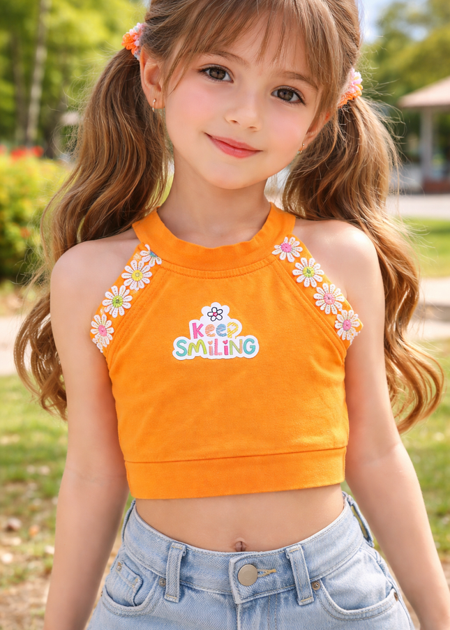 Girls Orange “Keep Smiling” Cotton Crop Tank Top with Floral Strap Detail