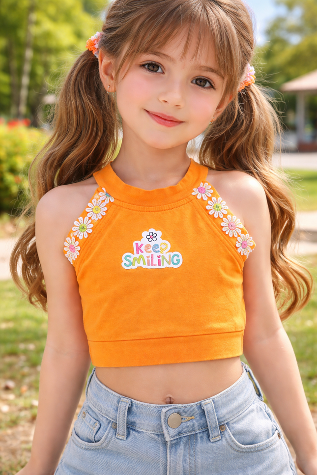 Girls Orange “Keep Smiling” Cotton Crop Tank Top with Floral Strap Detail