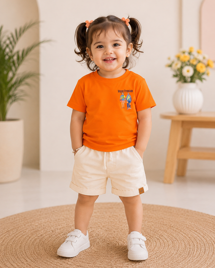 He and She Girls Orange Casual T-Shirt – Stylish Cotton Blend Half Sleeve T-Shirt for Girls