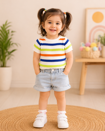 He and She Girls Multicolor Striped Knit Top – Stylish Casual Summer Top for Girls