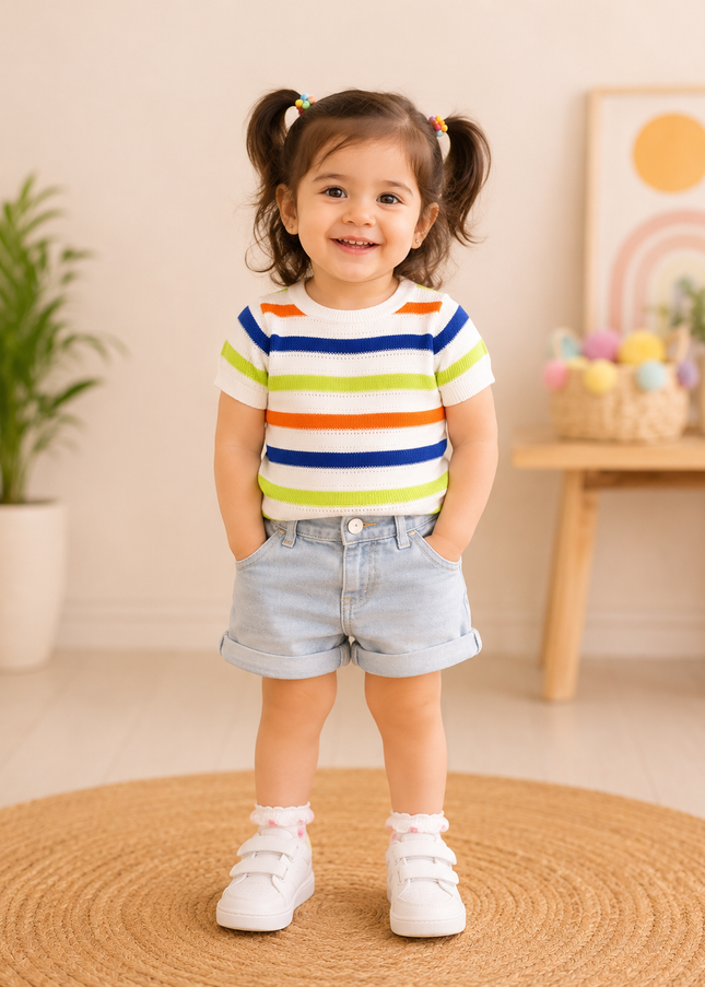 He and She Girls Multicolor Striped Knit Top – Stylish Casual Summer Top for Girls