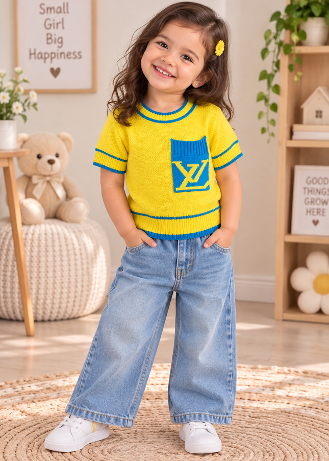 G.TOPS A472 Girls Knitted Pocket Top for Kids - Wine & Yellow | He And She