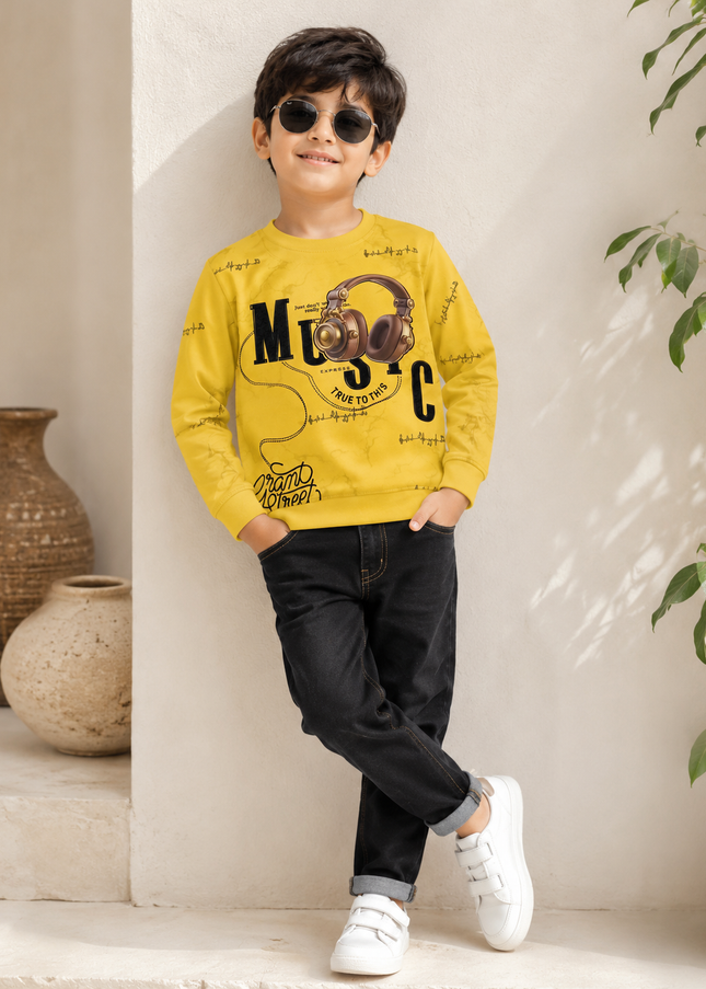 BOYS TSHIRT CODE-A377Boys Yellow Music Graphic Full Sleeve Sweatshirt | Stylish Casual Sweatshirt for Kids