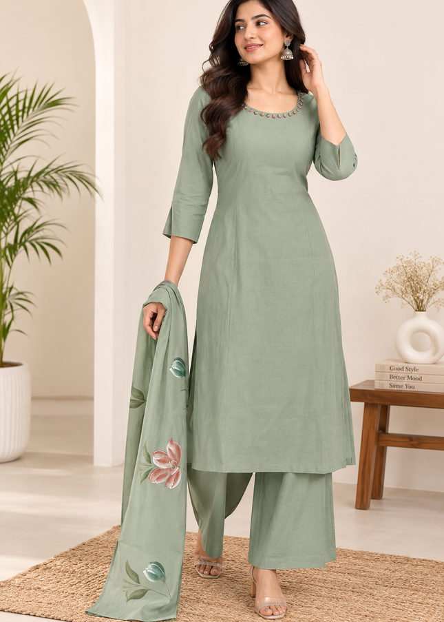 LADIES PALZO SET A432 Women’s Cotton Kurta Palazzo Set with Floral Printed Dupatta – Cream & Pista Green