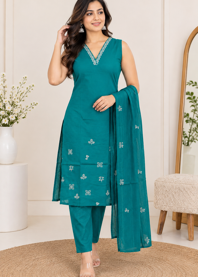 LADIES DRESS A434 Women’s Embroidered Kurta Pant Dupatta Set – Rama & Rust Orange