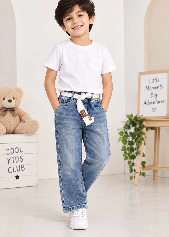 BOYS JEANS A435 Boys Relaxed Fit Denim Jeans with Tie Belt | Premium Cotton Casual Jeans