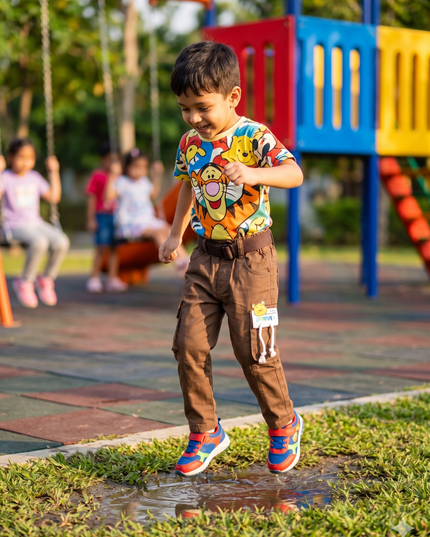 He & She Boys Brown Cotton Cargo Jeans | Stylish Multi-Pocket Kids Pants | Comfortable Casual Wear