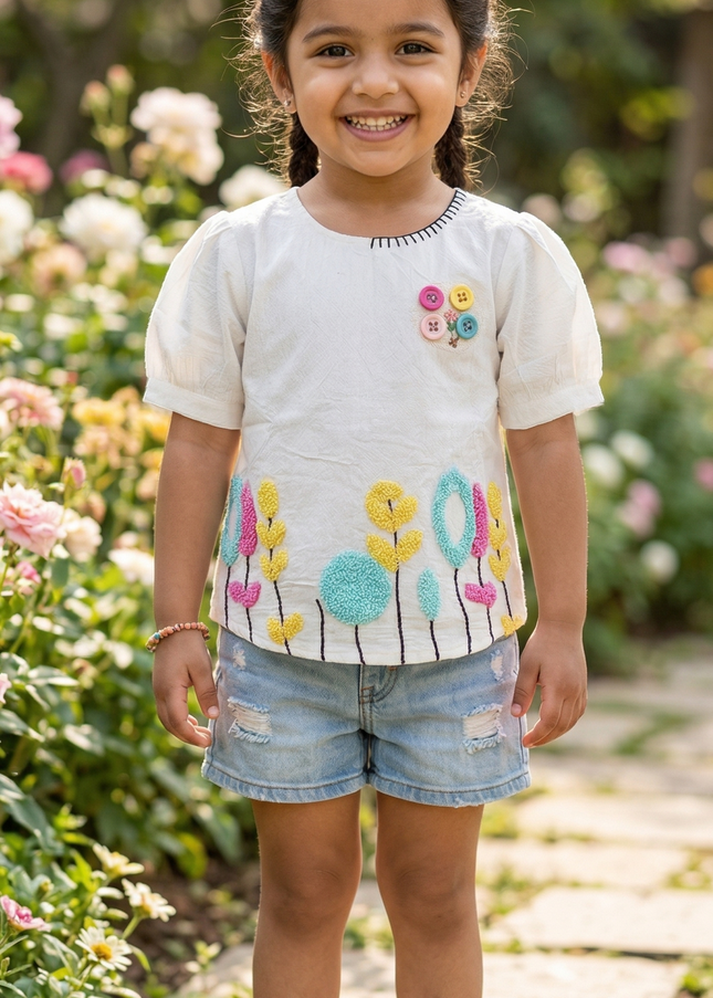 Girls White Embroidered Top | Floral Designer Kids Party Wear Top | He & She