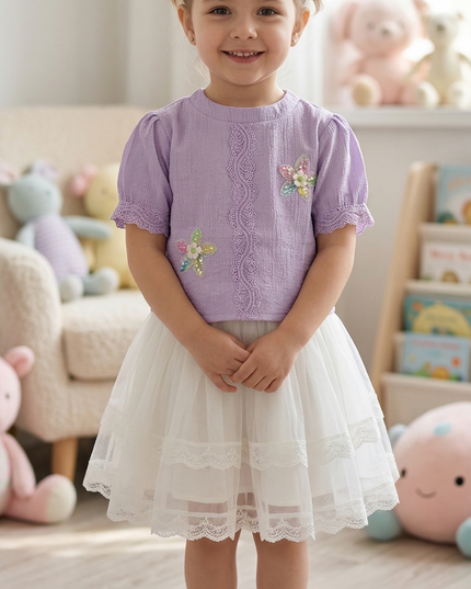 Girls Lavender Embroidered Crop Top | Floral Designer Party Wear Top | He & She