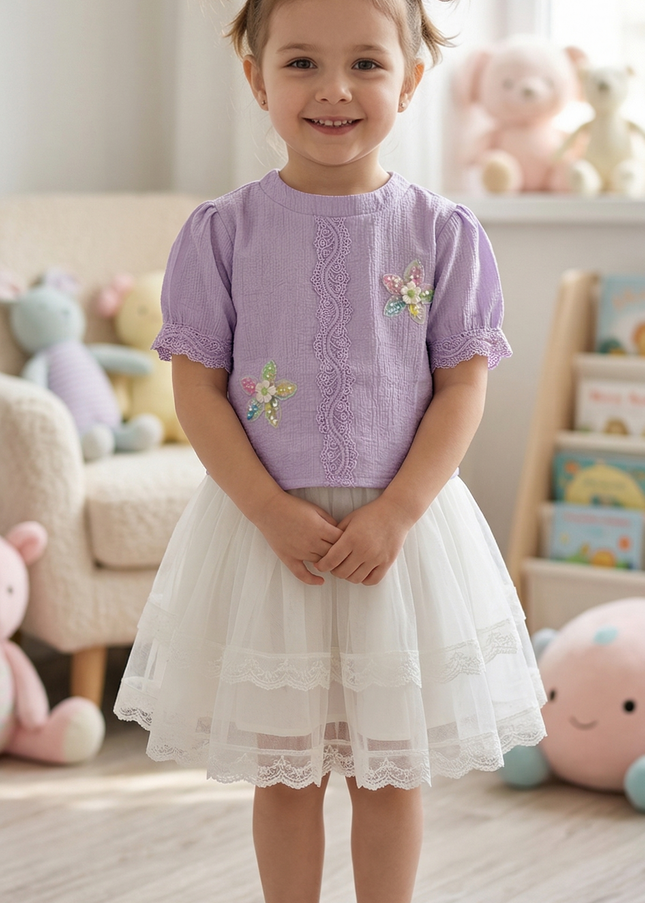 Girls Lavender Embroidered Crop Top | Floral Designer Party Wear Top | He & She