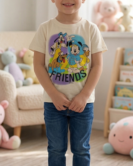 Boys Cream Cartoon Print T-Shirt | Kids Casual Graphic Cotton Tee | He & She