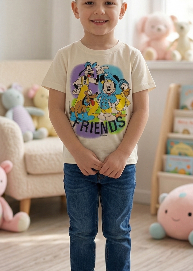 Boys Cream Cartoon Print T-Shirt | Kids Casual Graphic Cotton Tee | He & She