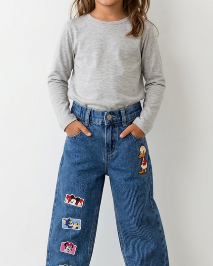 He and She Kids Cartoon Patch Denim Jeans – Stylish  Girls Casual Wear