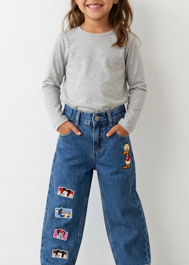 He and She Kids Cartoon Patch Denim Jeans – Stylish  Girls Casual Wear