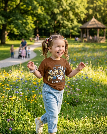 He and She Girls' Disney Character Brown Cotton T-Shirt | "Every Day" Kids' Top