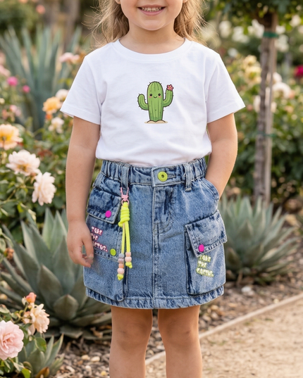 Girls Denim Cargo Skort with Pockets | Stylish Kids Blue Skirt with Accessories | He & She