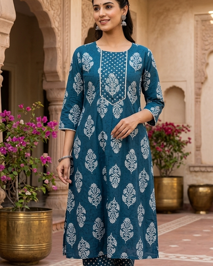 He & She Women’s Teal Blue Printed Kurti Pant Set – Cotton Ethnic Wear for Daily & Festive Use