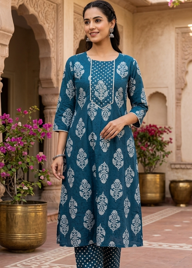 He & She Women’s Teal Blue Printed Kurti Pant Set – Cotton Ethnic Wear for Daily & Festive Use